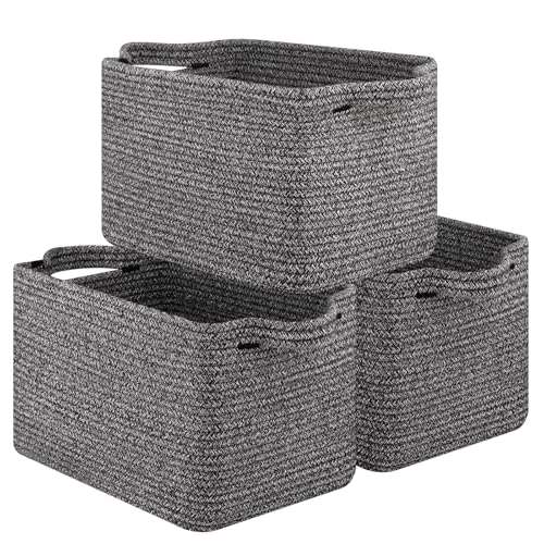 Image of OIAHOMY Storage Basket, Woven Baskets for Storage, Cotton Rope Basket for toys,Towel Baskets for Bathroom - Pack of 3, Black