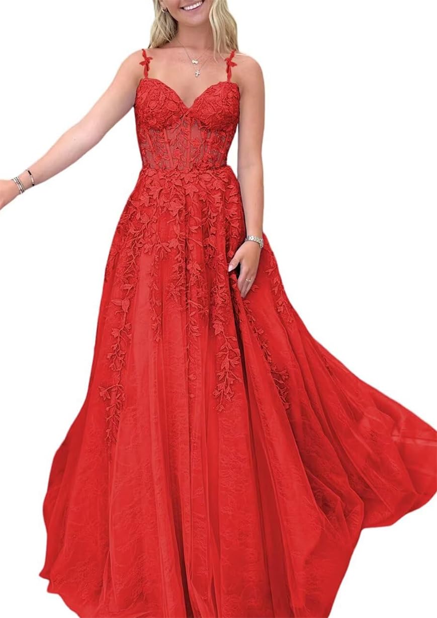 Lace Appliques Prom Dresses Tulle Princess Bridesmaid Dress Spaghetti Straps Formal Evening Party Ball Gown Red UK12