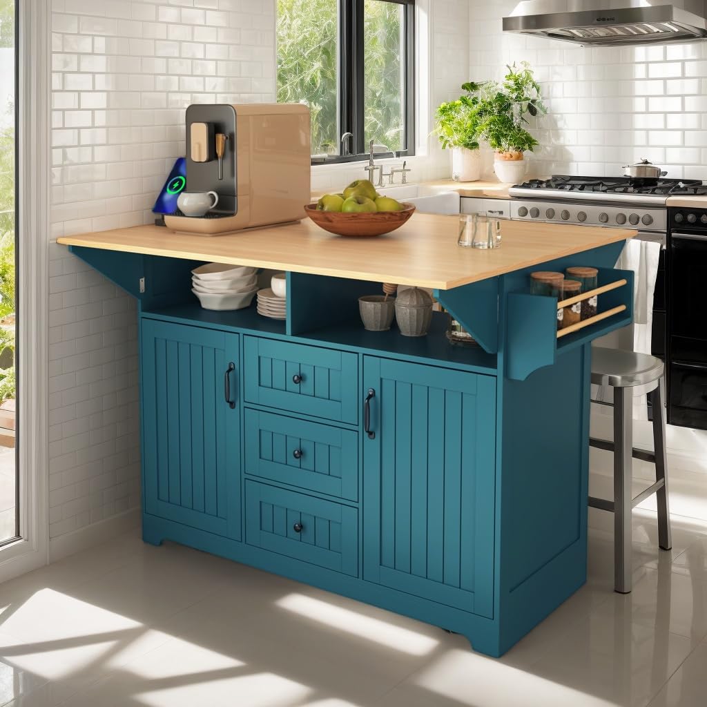 eodme Kitchen Island with 2 Drop Leaf, Home Cart Island on Wheels Foldable Dining Table with Power Outlets,3 Drawers,Storage Cabinet, Tower Rack(Green