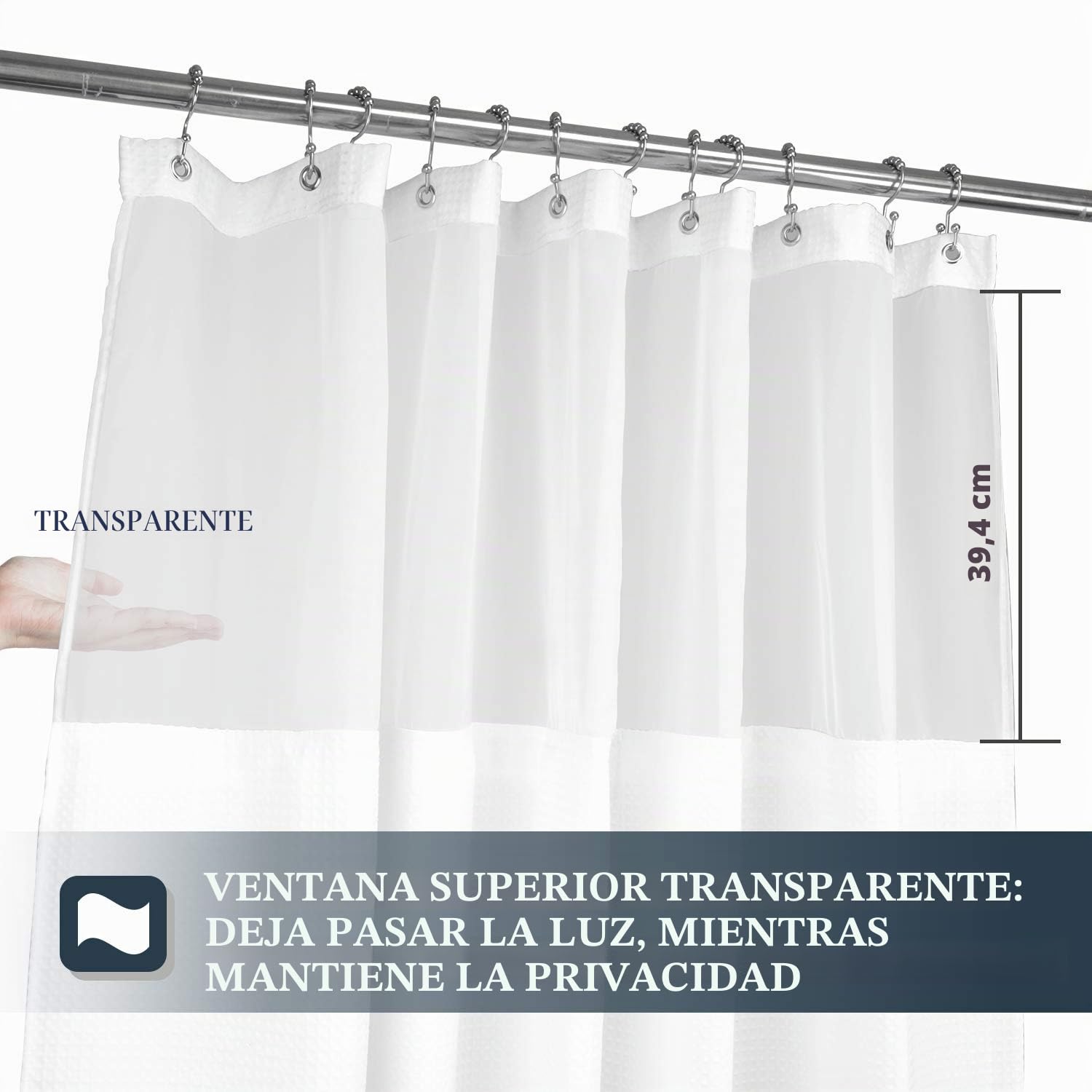 N&Y Home - Cortina de Ducha de Tejido en Relieve con Forro de Tela a presión, 12 Ganchos Blancos incluidos, Estilo hotelero, Impermeable y Lavable, Tela Pesada y Ventana Superior de Malla, 180 x