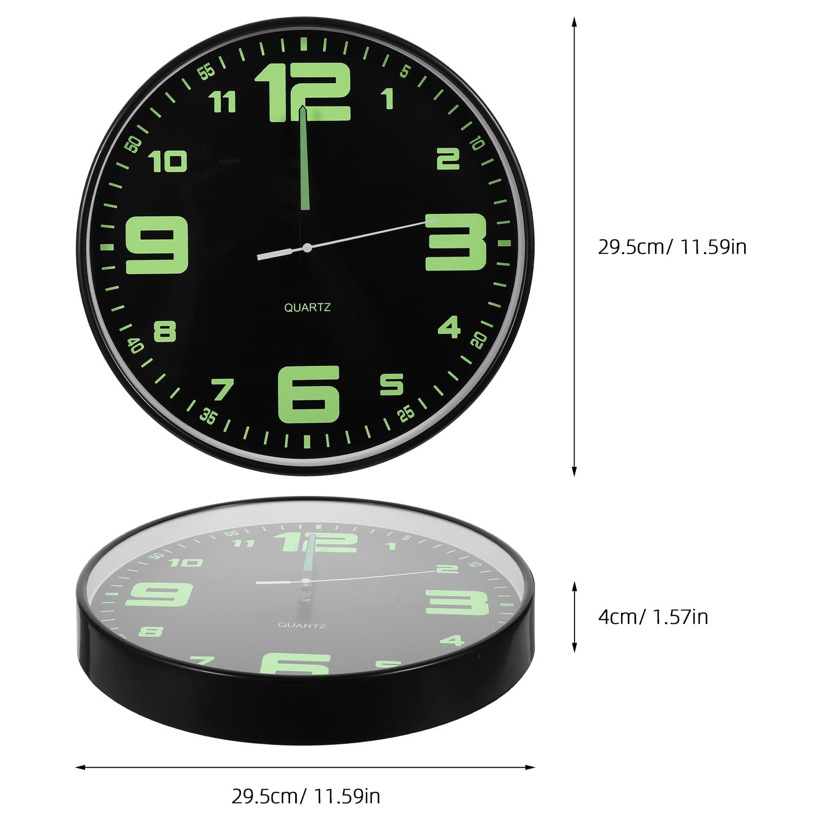 INOOMP Orologio luminoso che si illumina al buio, 11,6 pollici, con cornice nera, al quarzo, silenzioso, a batteria, ideale per camera da letto, cucina e bagno.
