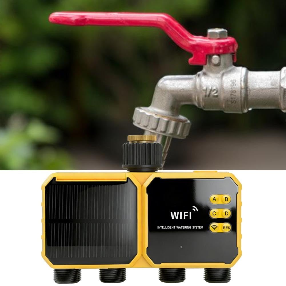 EasyByMall Smart Solar - Sistema di irrigazione a goccia, timer automatico dell'acqua a 4 vie con micro-spray, kit da giardino ricaricabile USB-C per piante da esterno