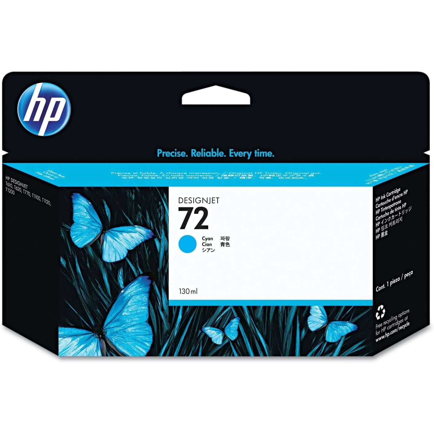 HP 72 Cian, Cartucho de Tinta Original | Compatible con DesignJet T610, T770, T790, T1100, T1200, T2300, 130 ml (C9371A)