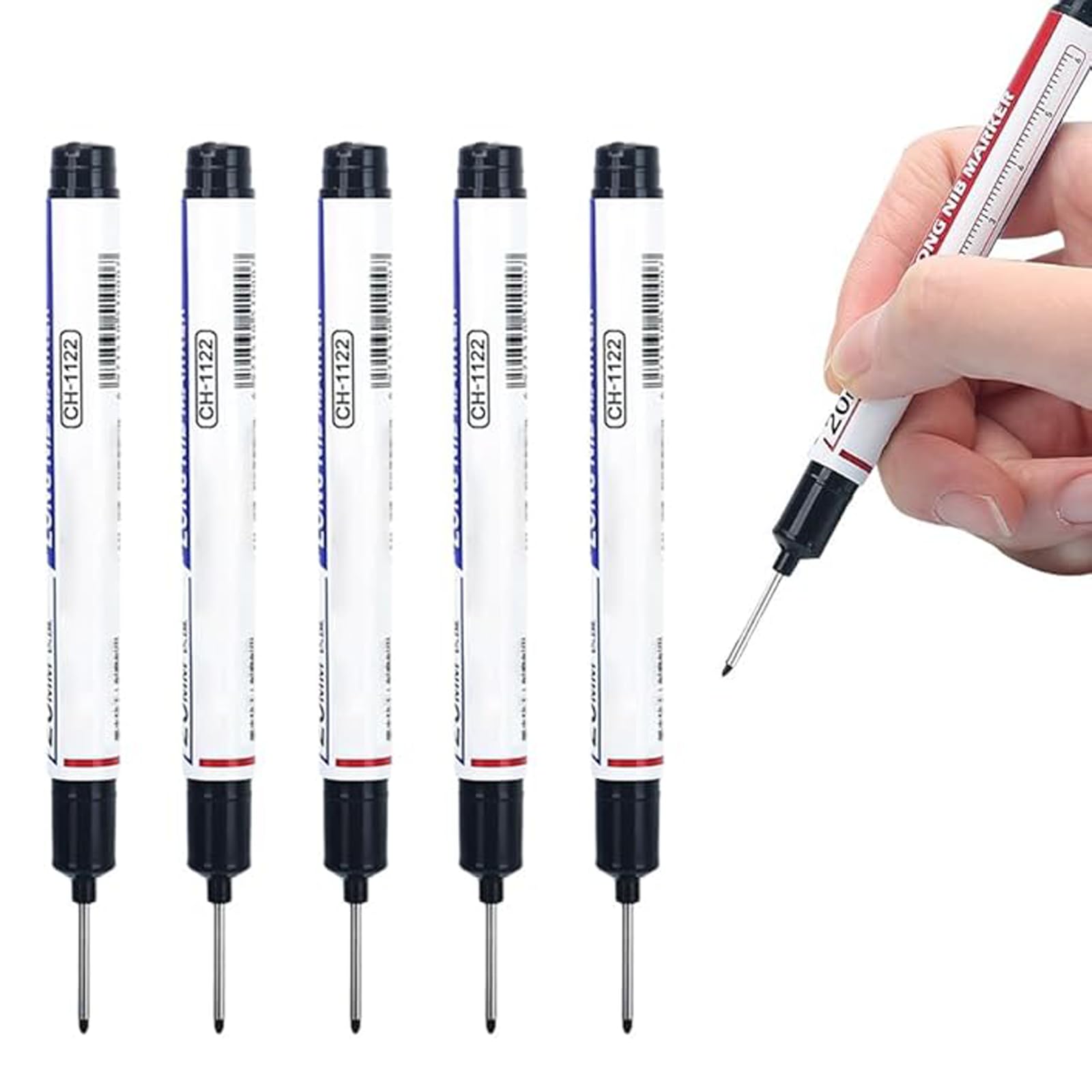 5PCS Long Head Deep Hole Marker Pens 20mm Deep Reach Long Nose Markers 45mm Permanent Markers Carpenter Ink