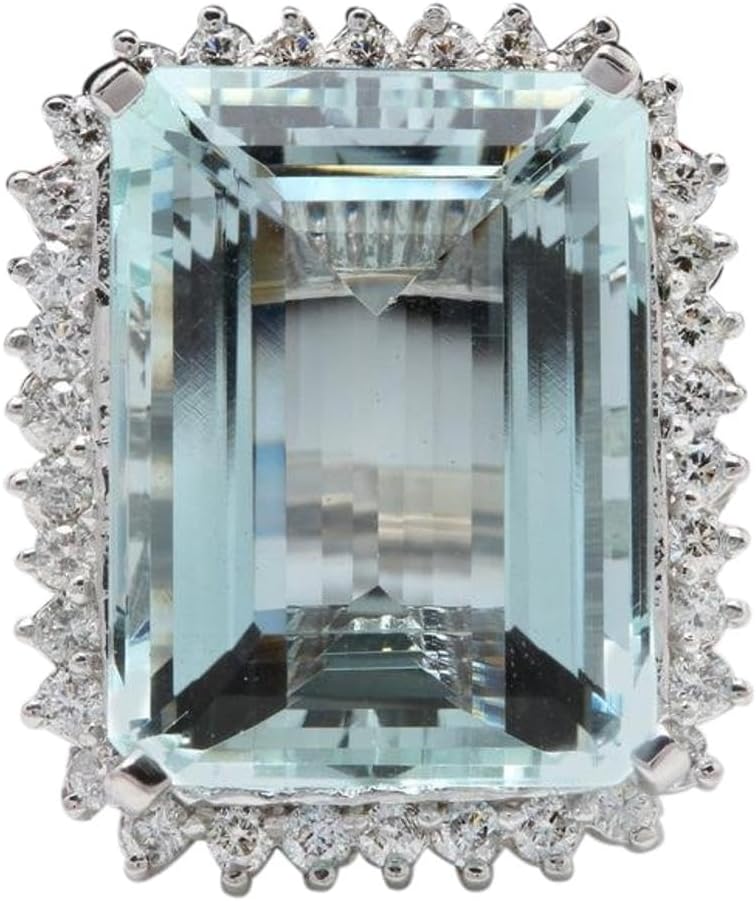 32.00 Carats Natural Aquamarine and Diamond 14K Solid White Gold Ring