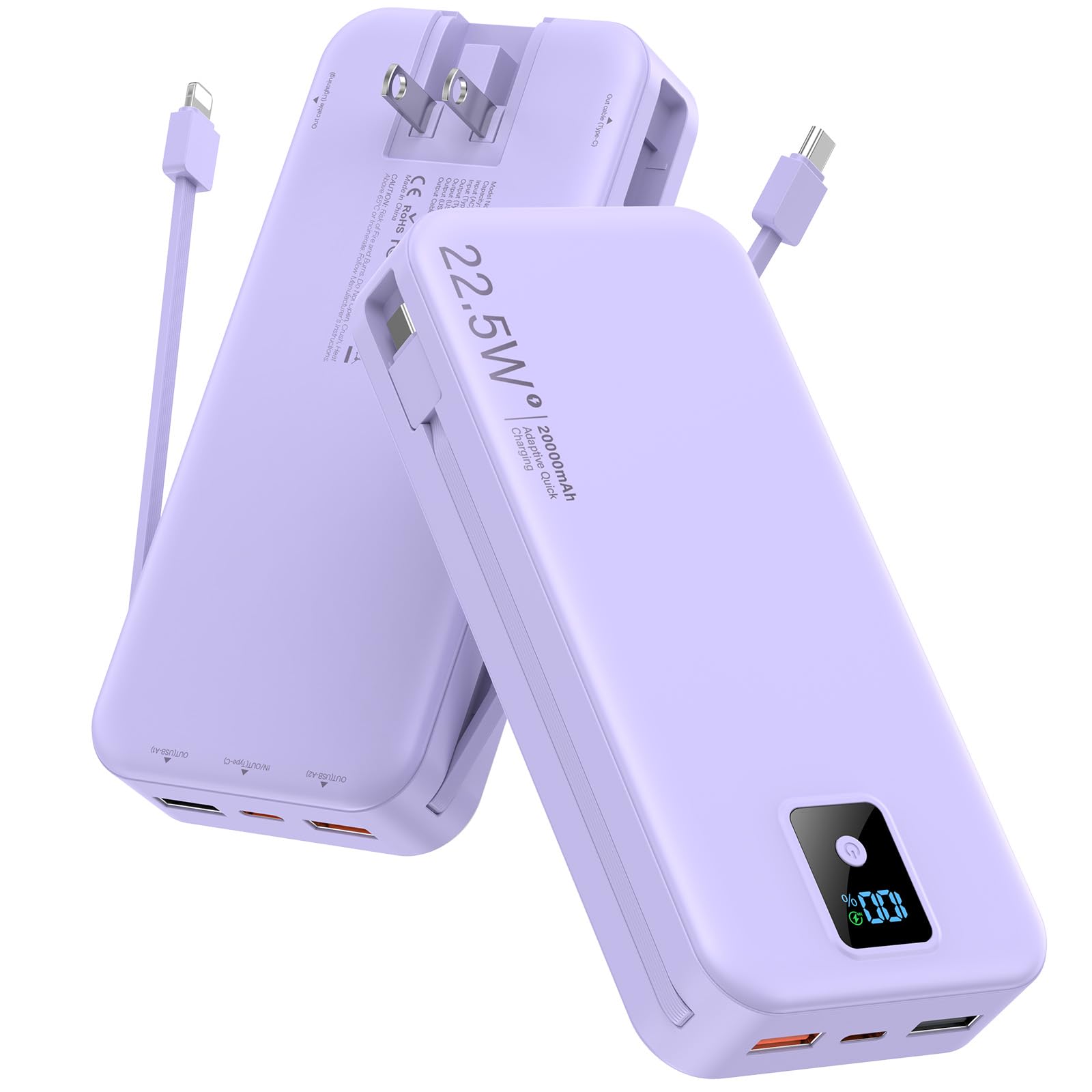 Cargador portátil, 20000 mAh, 22,5 W, batería externa de carga rápida con cables integrados y enchufe de pared, batería esencial de viaje con pantalla LED, cargador de teléfono USB C para iPhone, iPad