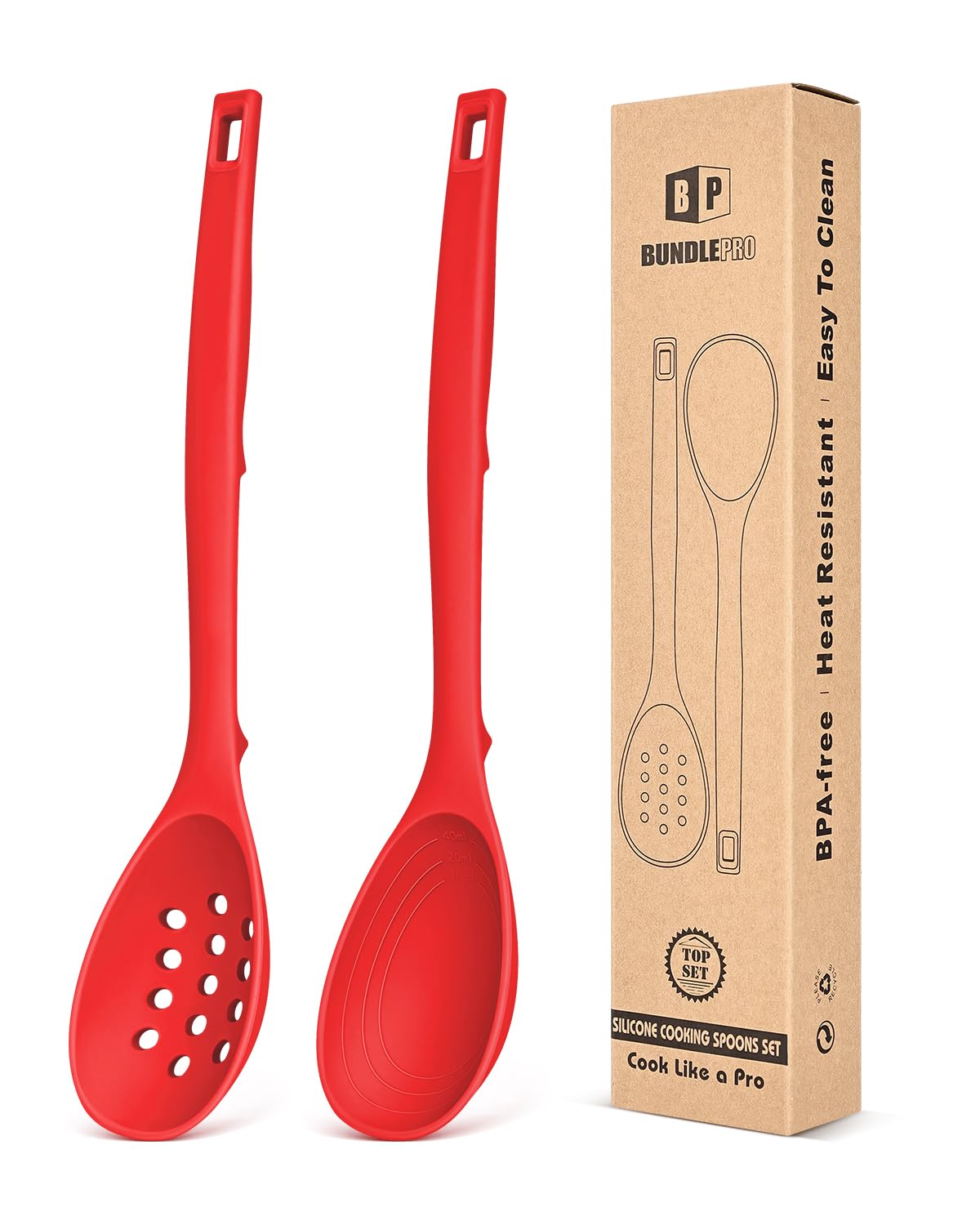 Pack of 2 Silicone Cooking Spoons, Non Stick Solid Kitchen Spoon with Measuring Marks & Back Hooks, Heat Resistant Silicone Slotted Spoon for Cooking, Mixing, Stirring,Serving (RED)