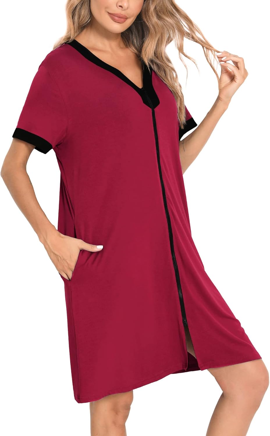 SWOMOG Women Zipper Front House Coat Short Sleeves Robe Zip up Bathrobes Short Nightgown with Pockets S-3XL - Image 3