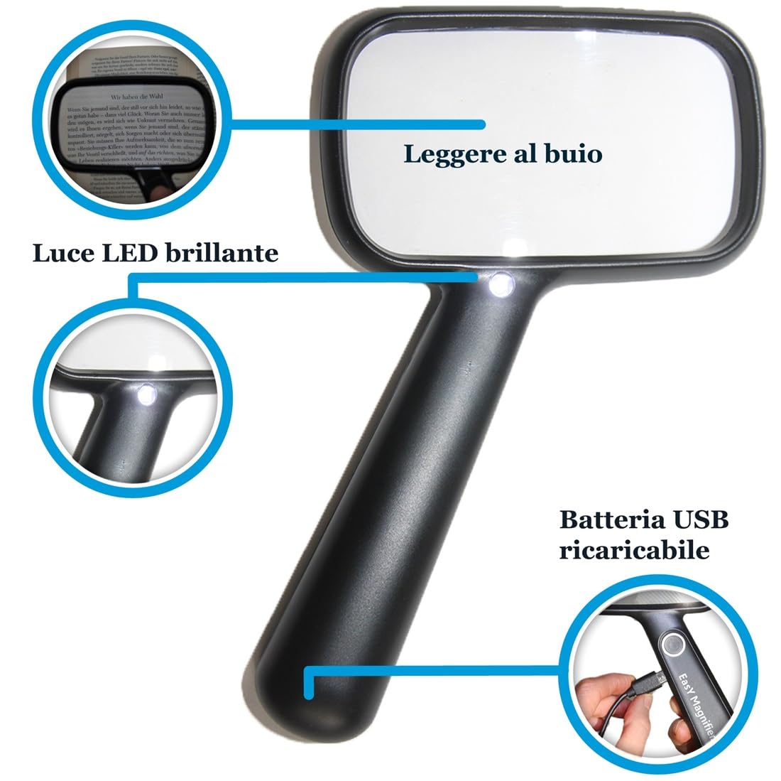 Lente di ingrandimento 2.0X con luce LED per libri; Grande lente a mano con batteria e cavo di ricarica USB; Vetrino ingranditore ricaricabile per leggere, lente come ausilio visivo e regalo pratico.