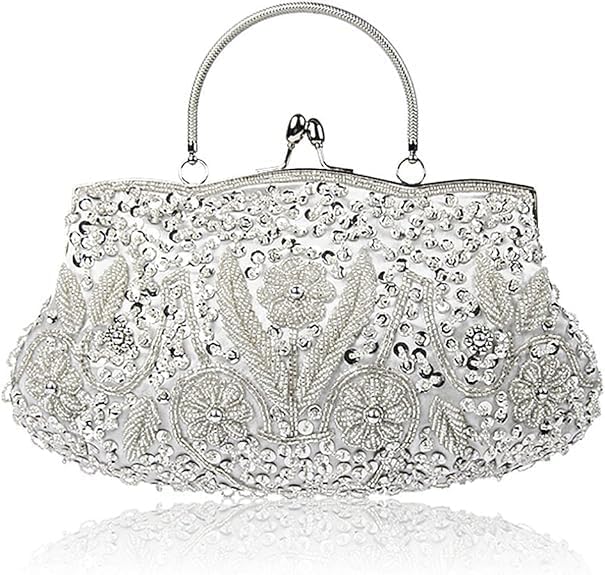 Beaded Sequin Design Flower Evening Purse Large Clutch Bag