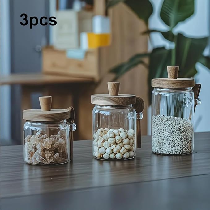 Juego de 3 Tarros de Vidrio para Alimentos con Tapas de Madera y Cuchara miniatura 2