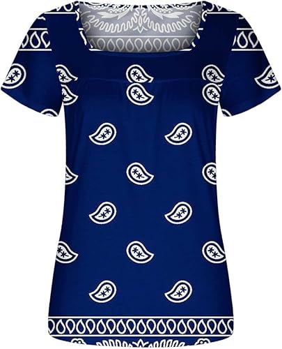 Miniatura 5 de Summer Tops for Women Square Neck Short Sleeve Shirts Pleated Long Tunic Tops to Wear with Leggings Loose Fit Blouse