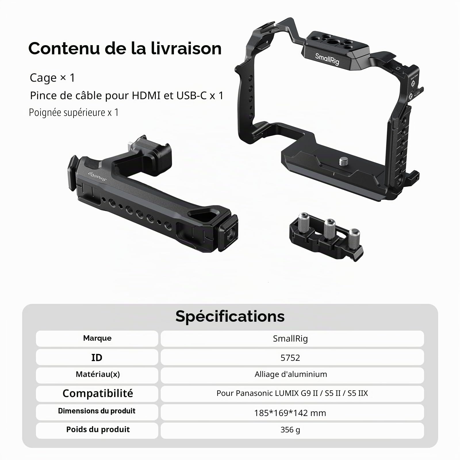 SMALLRIG Kit Cage pour Panasonic G9 II / S5 II / S5 IIX avec Poignée Supérieure NATO, Serre-Câble pour HDMI et USB-C, Plaque de Dégagement Rapide Intégrée pour Arca - 5752