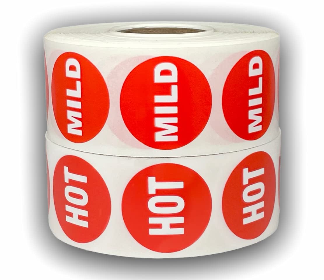 2 Rolls Total | 1 Roll Hot Stickers and 1 Roll Mild Stickers | Supermarket Grocery Deli Food Sale Price Packaging Labels (1-1/8" Circle, 1000 Labels