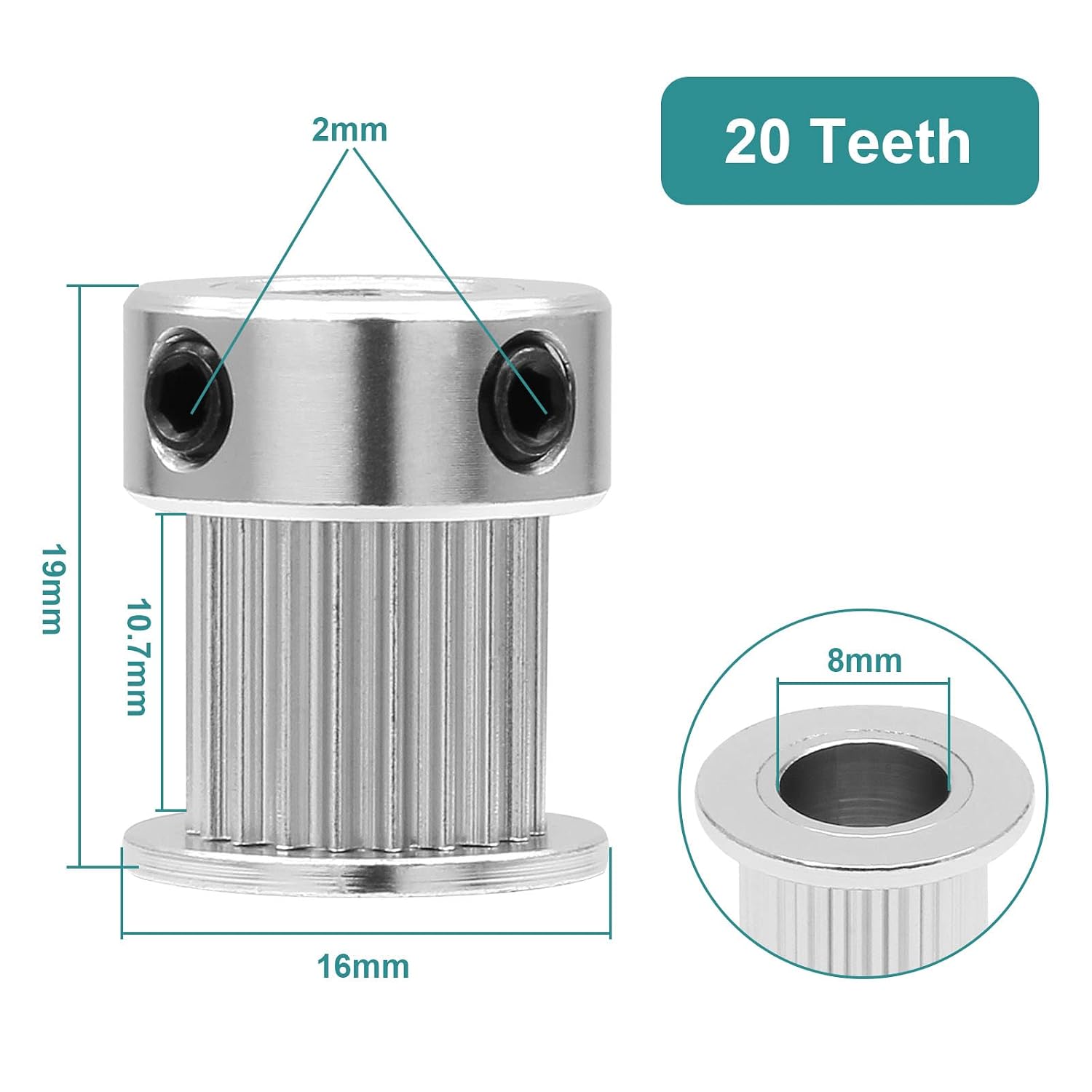 GT2 Pulley 20 Teeth 8mm Bore Fit 10mm Belt Width, 5pcs