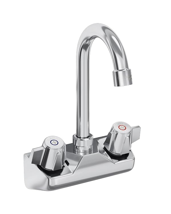BWE Commercial Kitchen Faucet Wall Mount 2 Handle Kitchen Sink Faucet 4 Inch Center Sink Faucet with Swivel Gooseneck Spout for Utility Laundry Restaurant Mixer Tap Chrome by BWE - Used condition - CA$58.38