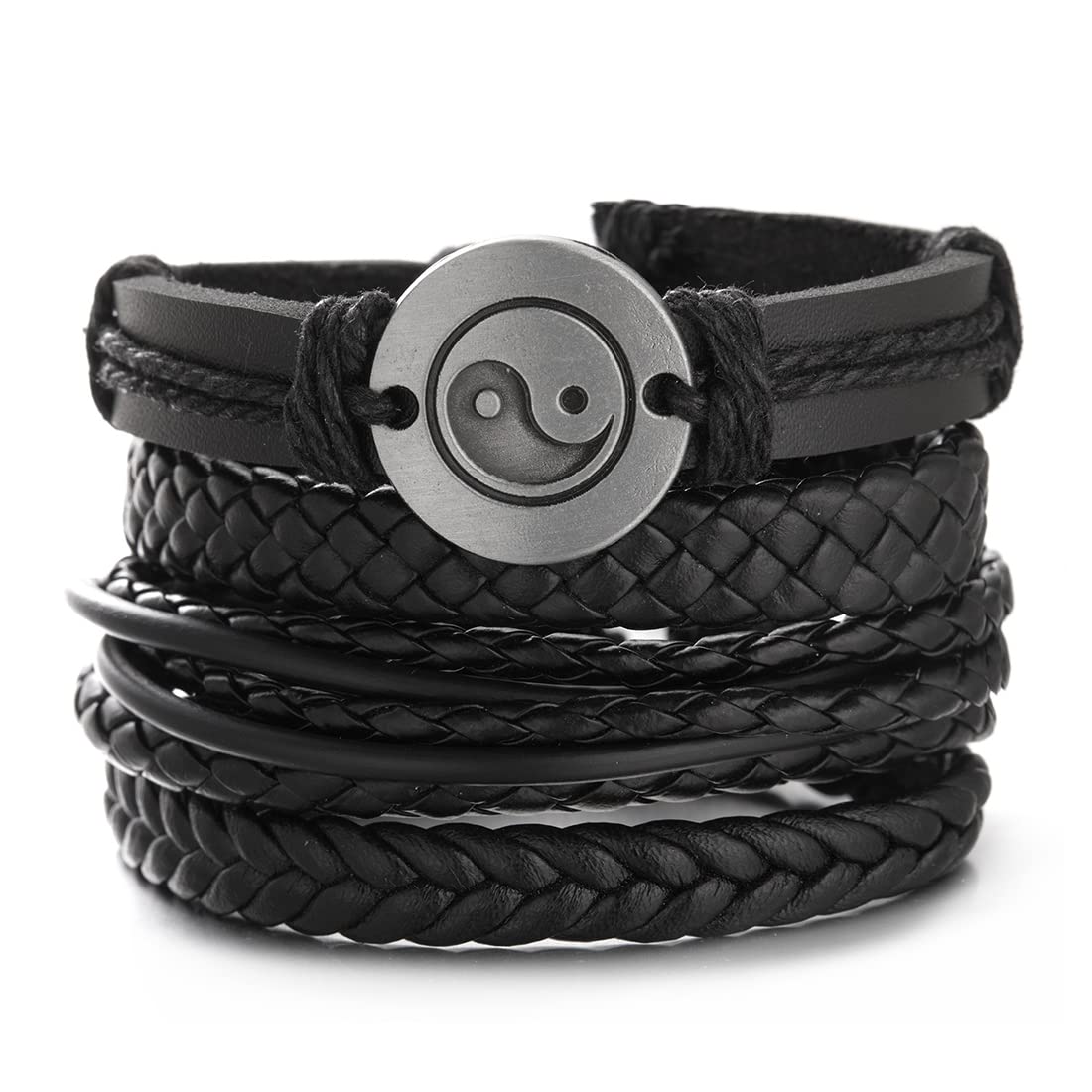Fezf 5 pack de pulseras de cuero, pulsera de cuero negro trenzado, brazalete ajustable de envoltura, pulsera de cuero de múltiples capas, adecuado para un padre masculino