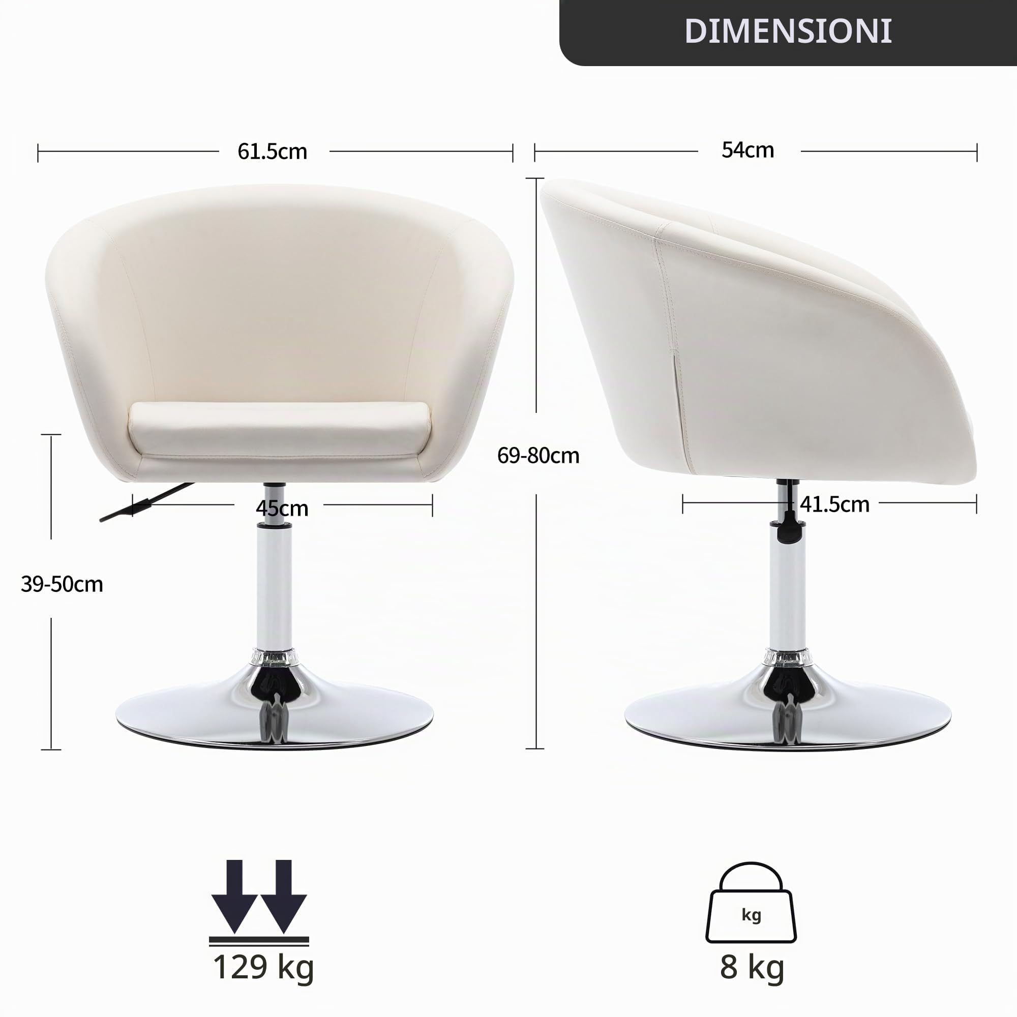 Duhome Sedia da trucco regolabile in altezza, in ecopelle, girevole, da cocktail, con bracciolo, per soggiorno, sala da pranzo, camera da letto, colore: bianco