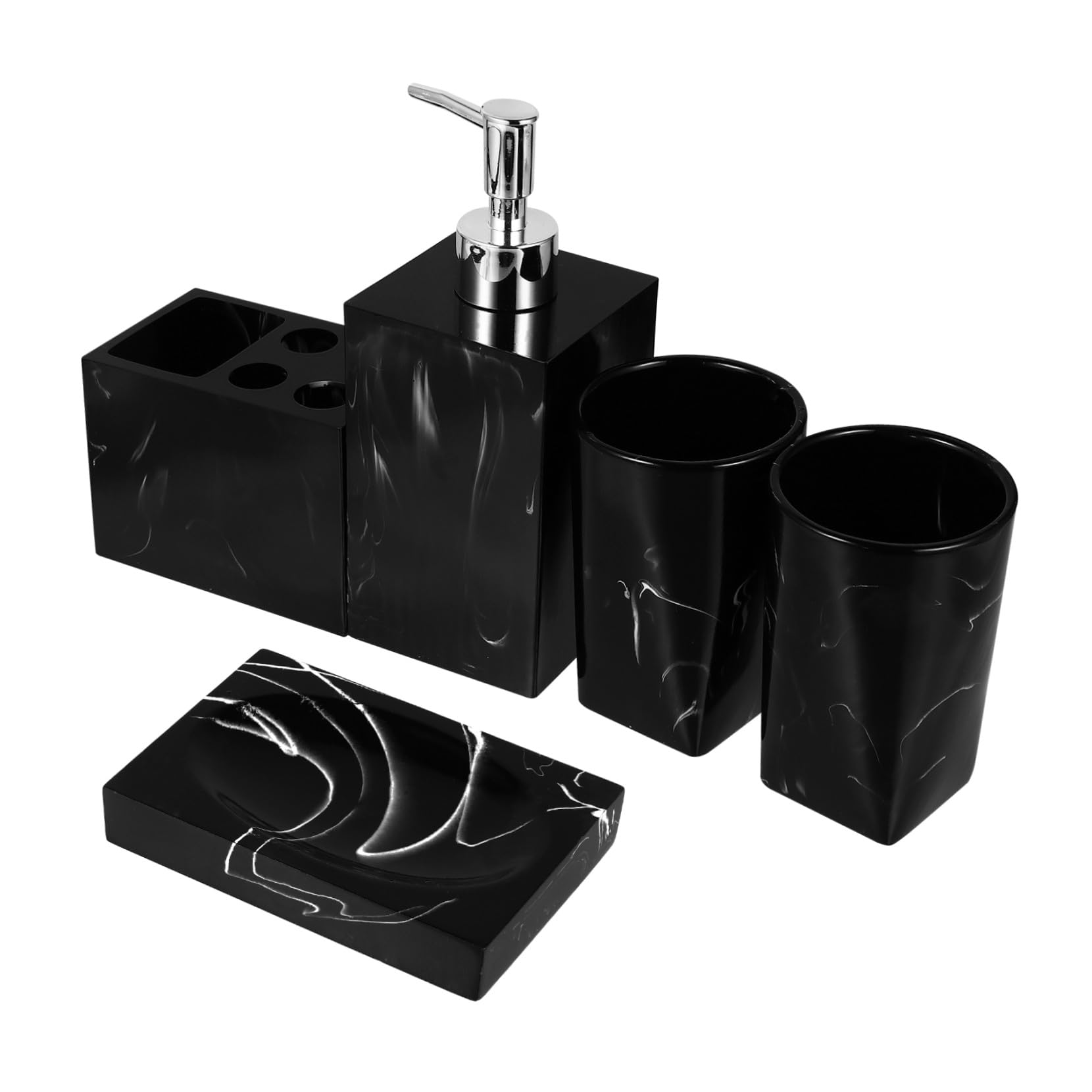 Healifty Set de Accesorios de Baño Diseño Jaspeado, Soporte para Cepillos de Dientes, Botella de Mano, Vasos para Enjuague y Jabonera de Resina Negra Práctica y Cómoda