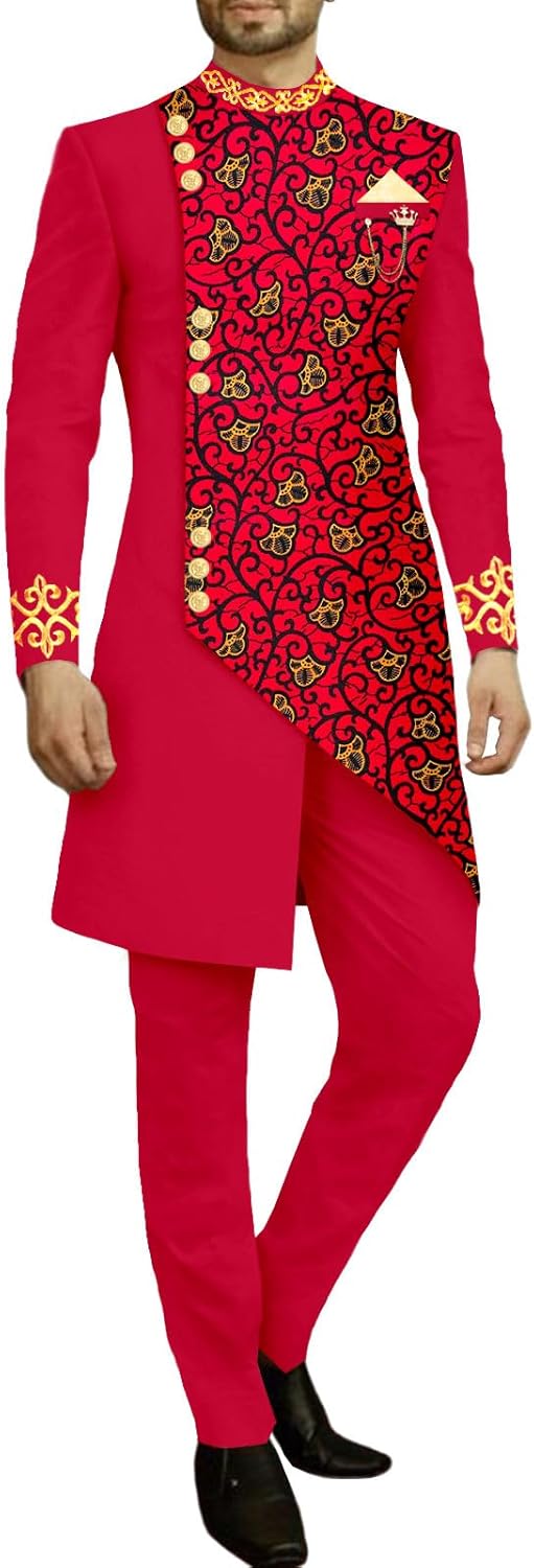Men`s Suit Slim Fit Embroidery Single Breated Blazer and Pants Set African Clothes Brooch Print Outfits