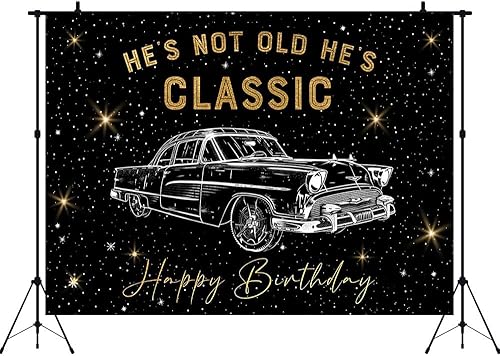 Miniatura 5 de Aperturee Telón de fondo retro para automóvil de 7 x 5 pies para fiesta de cumpleaños, Hes Not Old Hes Classic 1950s Vintage Car Funny Classic Car