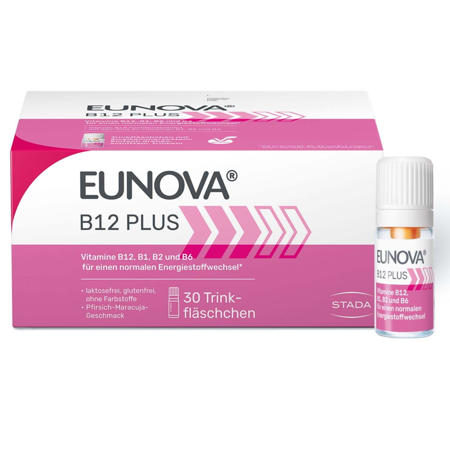 EUNOVA B12 Plus: B-Vitamin Komplex Nahrungsergänzungsmittel, 30x 8ml | Hochdosiert mit Vitamin B12, B1, B2& B6, Fördert Energie & reduziert Müdigkeit, Pfirsich-Maracuja Geschmack, Vegan