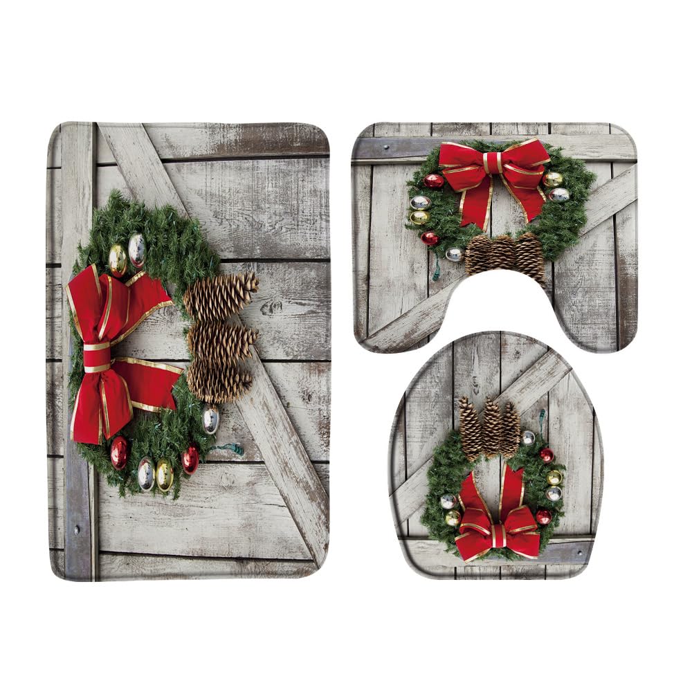 AMHNF 3 Piece Rustic Christmas Bath Mat Sets Vintage Barn Door Farmhouse Pine Twig Christmas Garland Retro Winter Holiday Bathroom Doormat Rugs,Toilet Seat Cover,U-Shaped Floor Mat