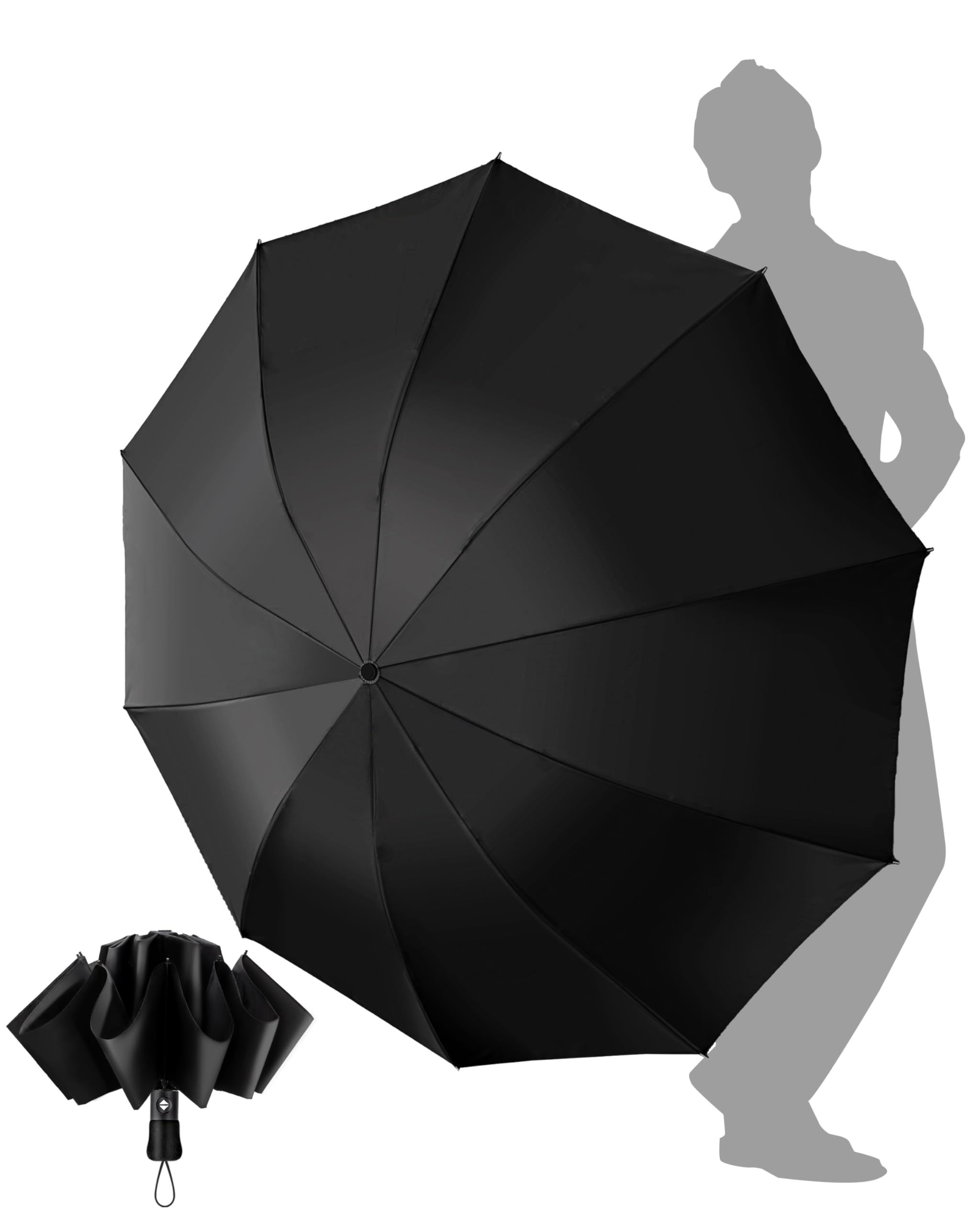 Travel Windproof Strong Compact Umbrella - 10 Ribs Black Portable Umbrella for Men and Women - Inverted Folding Automatic Umbrellas for Wind and Rain
