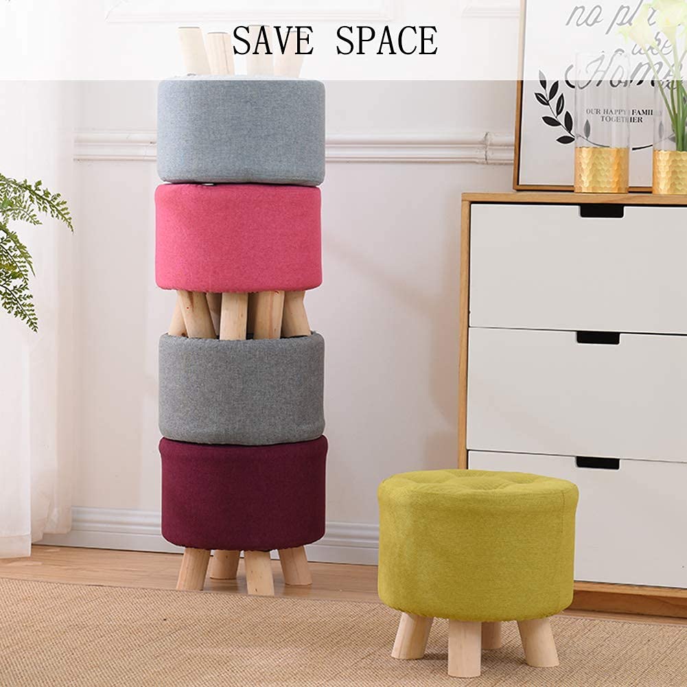 Pouf in Legno, poggiapiedi Imbottito, poggiapiedi Rotondo in Lino con 4 Gambe in Legno, Piccolo Sgabello Sedia per Soggiorno Camera da Letto Giardino Blu 31x31x35cm