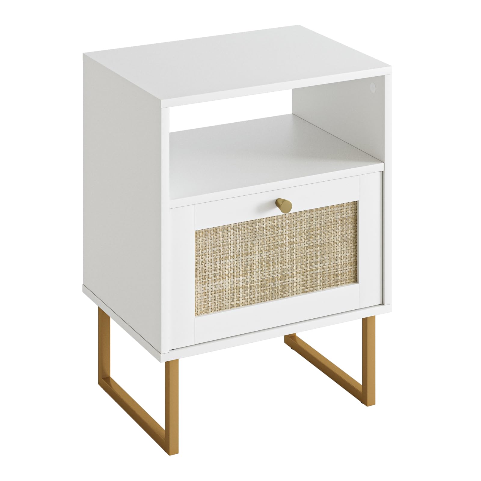 HEYZOEY Table de Chevet Moderne en Bois avec tiroir et étagère Ouverte, Petite Table d'appoint avec Cadre doré pour Chambre, Salon, Bureau (Blanc)