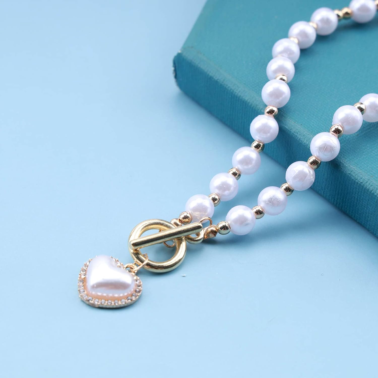 Boho Pearl Heart Choker Necklace Puffy Heart Pendant Necklace Vintage Gold Pearl Chain Necklace Pearl Toggle Clasp Necklace Chain Jewelry for Women - Image 5