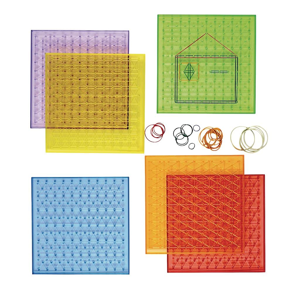 Translucent Double-Sided Geoboards - Set of 6 Boards 144 Rubberbands, Excellerations, 9 inches Square, Safe and Sturdy