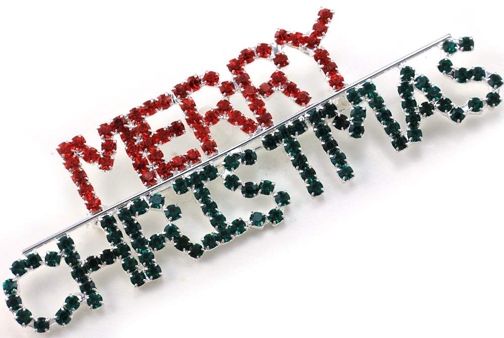 Soulbreezecollection Happy Merry Christmas Pin Brooch Red Green Rhinestones Holiday Christmas Jewelry