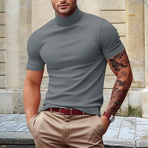 Camiseta masculina moderna, gola rolê, leve, de manga curta, básica, pulôver, camiseta lisa