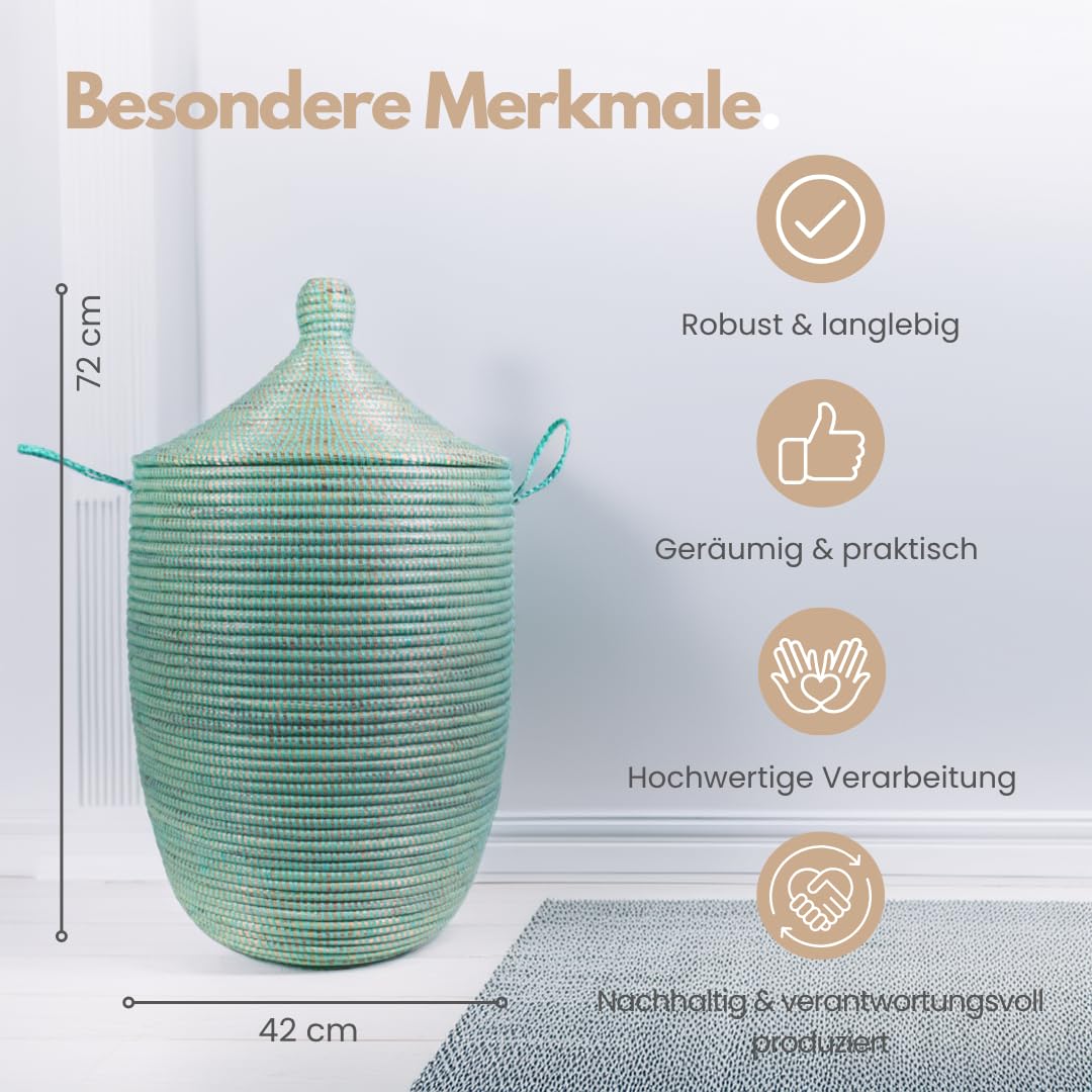 Aufbewahrungskorb mit Deckel groß | Afrikanischer Wäschekorb Geflochten | Geflochtener Korb | Handgefertigt aus Savannengras | Nachhaltig & Verantwortungsvoll produziert | Kolda