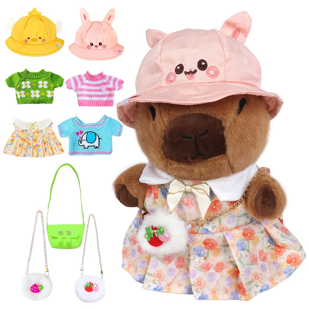 RNPKZ Capybara Plush with 10 PCS Clothes and Accessories, 25 cm Capybara Stuffed Animal, CapybaraPlush Soft Toy, Cute Capybaras Teddy, Dress Up CapybaraStuffed Animal Plush Toys Gift for Kids Boy Girl
