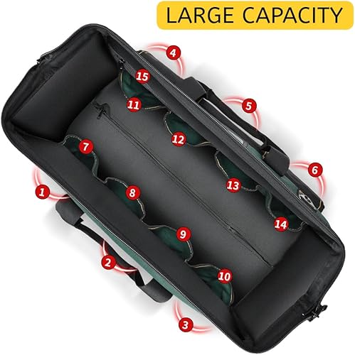 Miniatura 4 de Bolsa de herramientas rodante de 22 pulgadas, con mango telescópico ajustable, bolsa de herramientas con ruedas, 15 bolsillos, verdenegro, adecuada