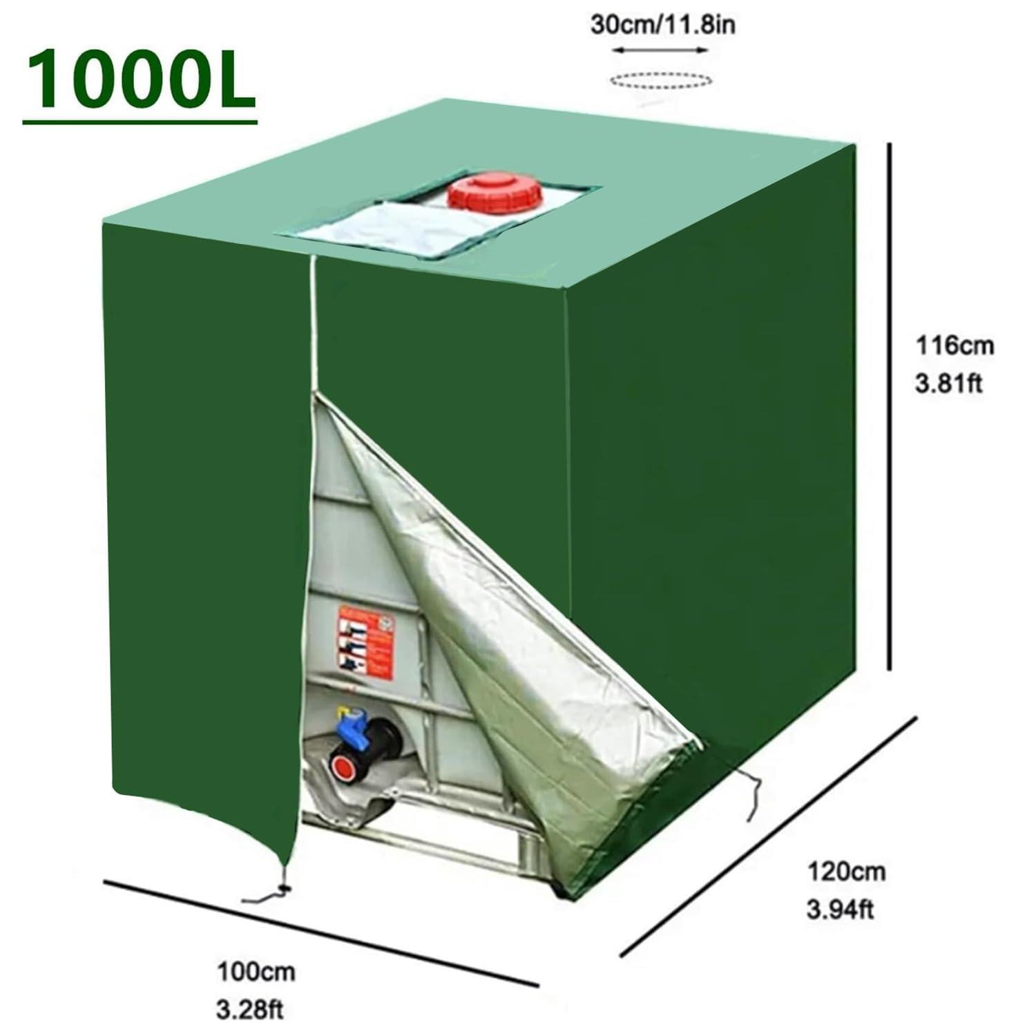Bache pour Cuve 1000 l, Bâche de Protection Solaire pour réservoir d'eau de Pluie IBC, Anti-poussière Anti-UV, Housse de Protection, bâche de Protection 116 x 100 x 120 cm, Vert