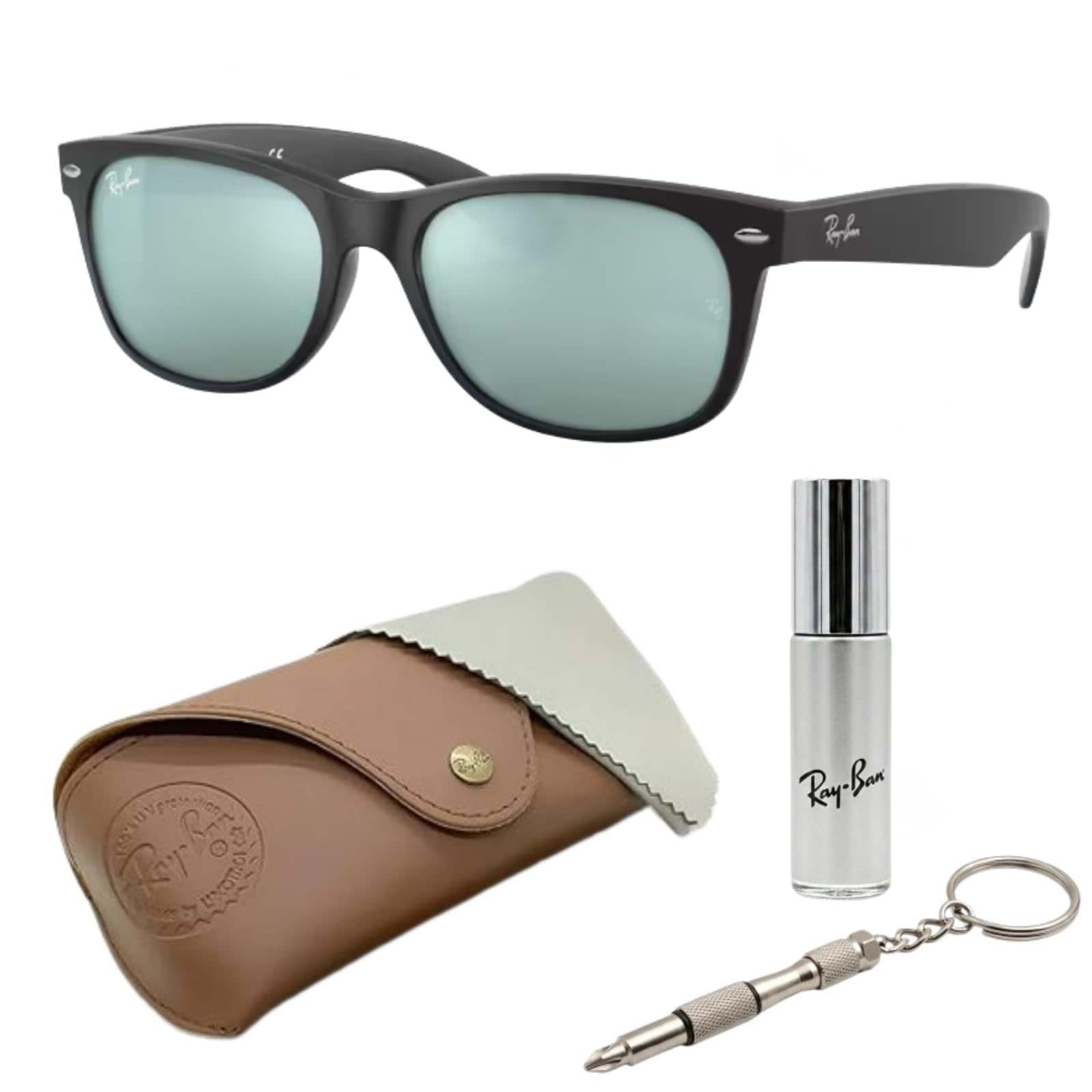 Ray-Ban RB2132 New Wayfarer Flash SONNENBRILLEN-SET | Exklusiv-Etui und Care-Kit | Matte Black/Si...