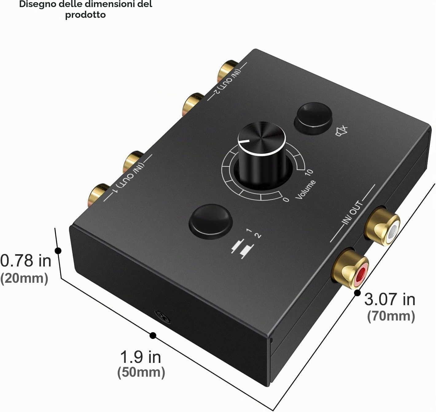 UNSTINCER RCA L/R Commutatore Audio Switch 2(1)-In-1(2)-Out, Analog Aux Interruttore Scatola con Volume, HIFI Stereo Suono Selettore Deviatore Sdoppiatore per Ampli Cuffie PC Casse Phono