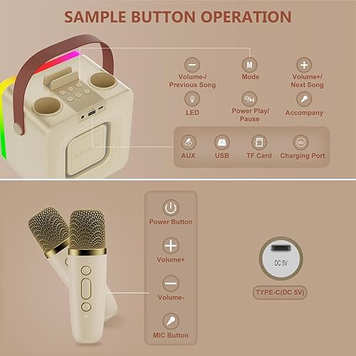 Miniatura 6 de Mini máquina de karaoke para niños y adultos, altavoz Bluetooth portátil con 2 micrófonos inalámbricos, juguetes de karaoke para fiestas familiares,