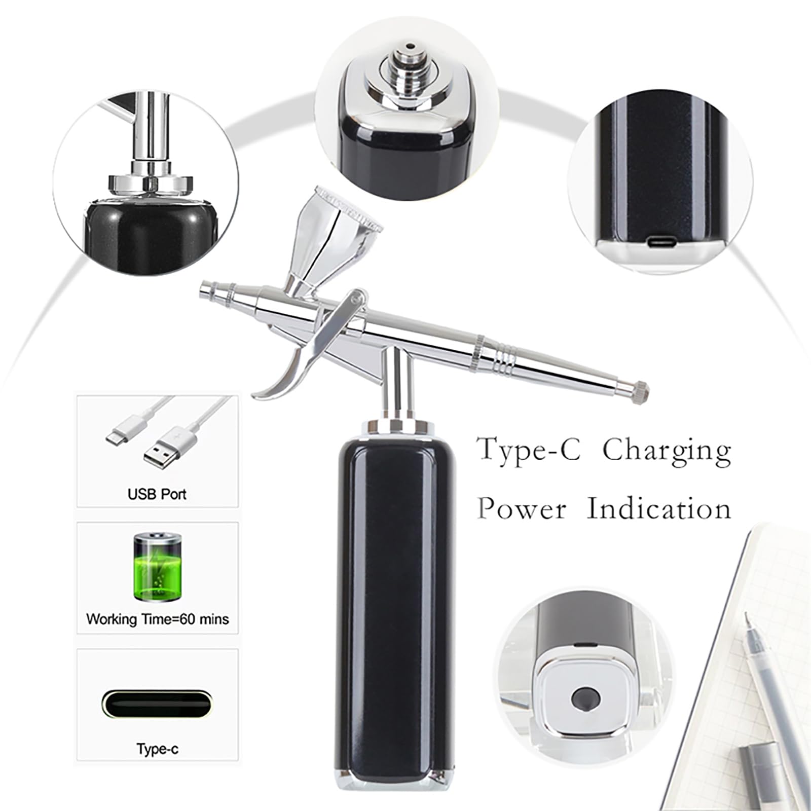 Kit d'aérographe portable sans fil 27 psi, compresseur d'aérographe portable sans fil, rechargeable, mini aérographe pour barbier, peinture de modèle, nail art, maquillage, tatouage (noir)