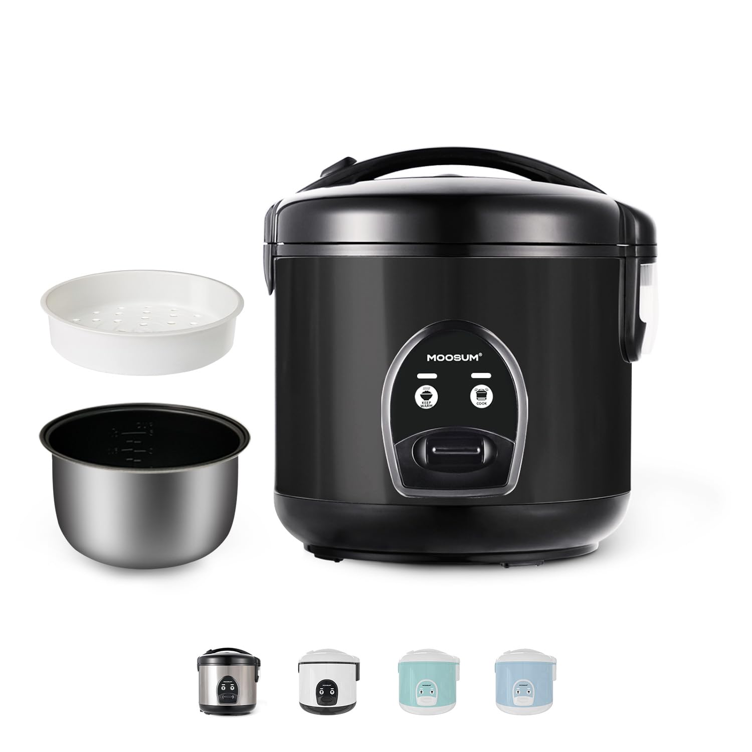 Cuiseur riz (rice cooker) & cuiseur à vapeur Noir avec fonction de maintien au chaud - 0,8 l pour 2-5 personnes - Revêtement céramique avec insert pour cuiseur à vapeur,Noir