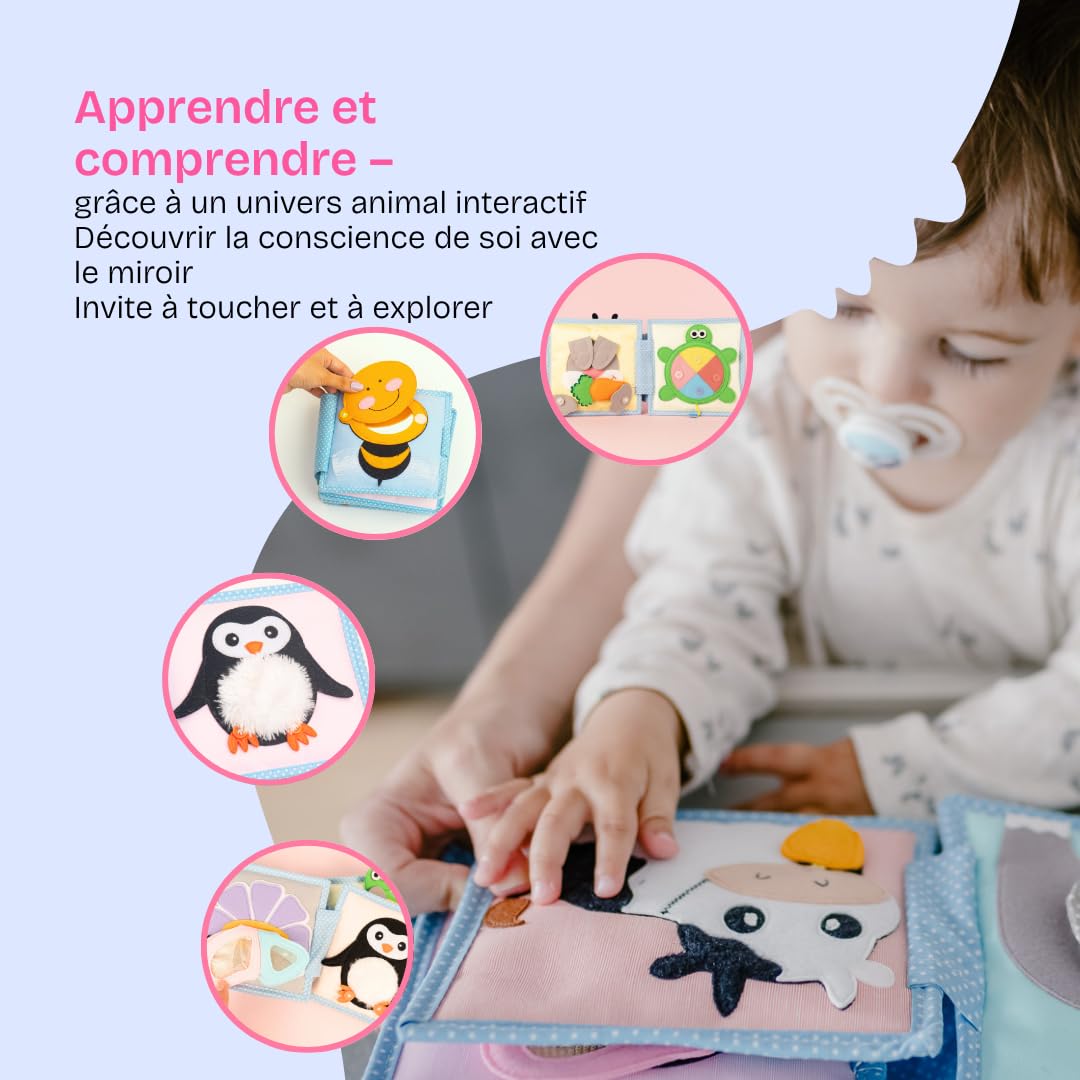 Jolly Design Mini Quiet Book Petite Abeille – Jouet Montessori dès 6 Mois – Livre sensoriel & Livre Tissu pour bébé – Busy Book Fait Main avec 6 Pages d’activités – Jouet éducatif & de Voyage