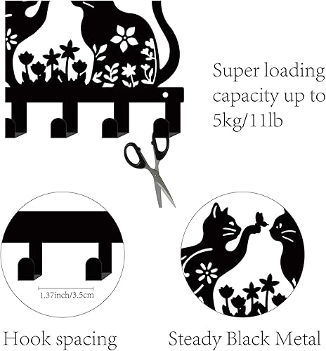 Miniatura 3 de CREATCABIN Soporte de metal para llaves de gato para colgar en la pared, soporte para llaves de hierro con 6 ganchos, organizador colgante de llaves