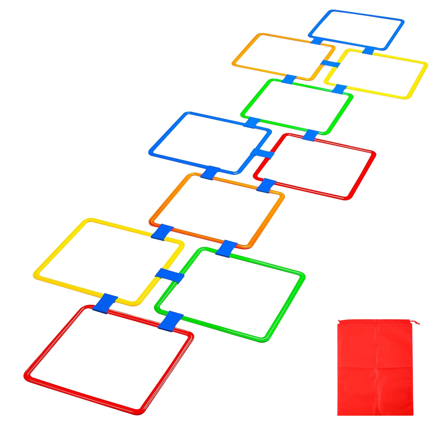 Jorzer Jeu de marelle, 10 Anneaux carrés de 15 Pouces, Anneaux d'agilité Multicolores, Parcours d'obstacles Amusant, équipement Jeu 'extérieur pour Enfants, Jouets