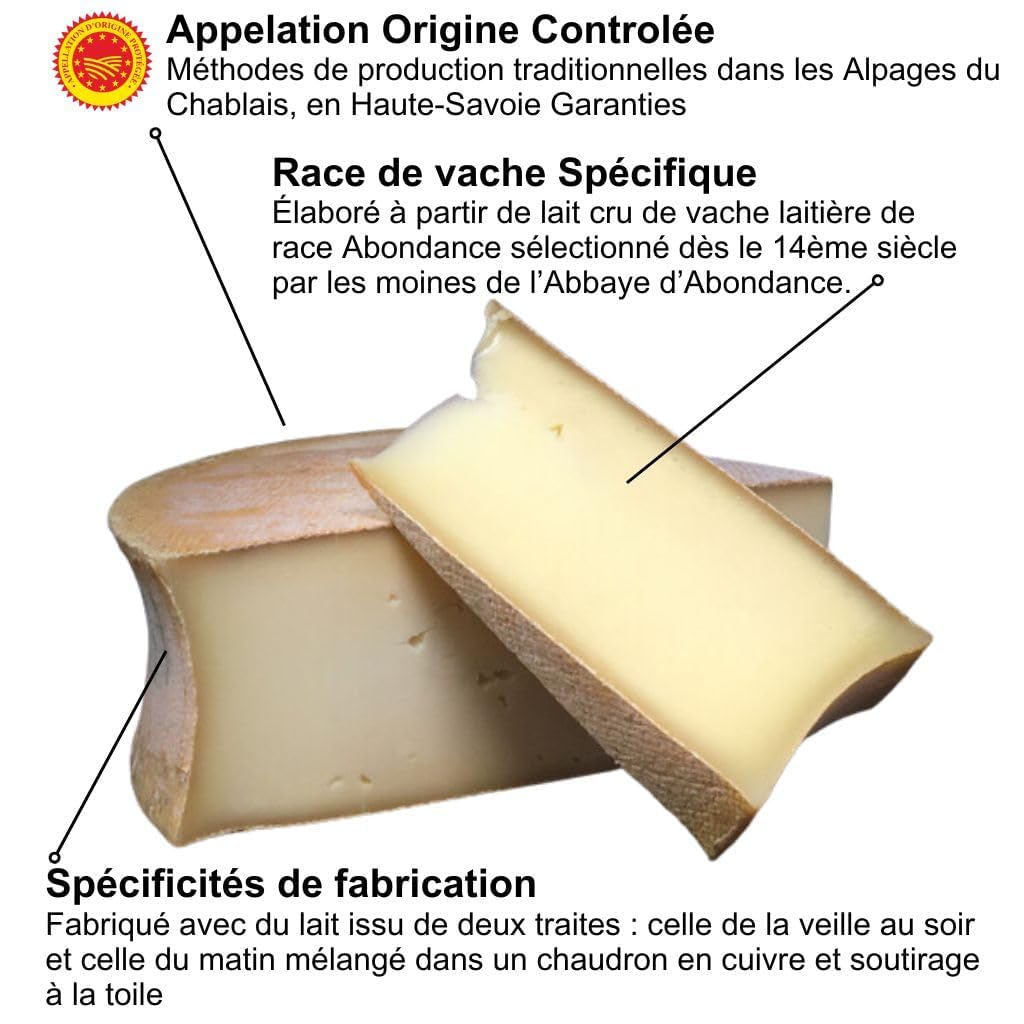 Abondance AOP Fermier - 500gr - Fromage Traditionnel Savoyard au lait cru - Pâte préssée cuite affinée 8 mois - Goût Fruité et Noisetté - Texture souple - Idéal fondue, raclette, gratins, plateau.