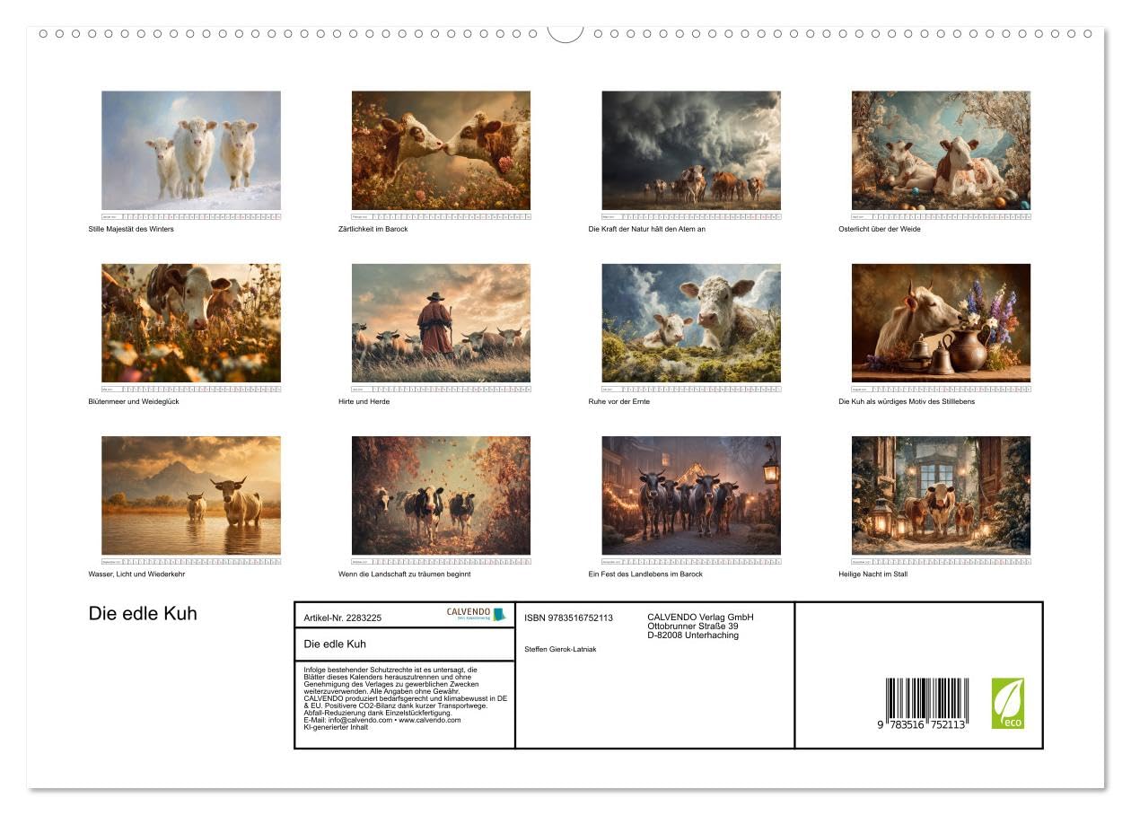 Die edle Kuh (hochwertiger Premium Wandkalender 2027 DIN A2 quer), Kunstdruck in Hochglanz: Dieser außergewöhnliche Kalender zeigt die Kuh als zeitloses Motiv barocker Kunst. (CALVENDO Tiere)