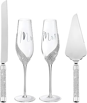 Wedding Champagne Flutes and Cake Knife Set, 4 Pcs Toasting Crystal Rhinestone Glasses with Cake and Pie Server for Bride, Groom, and Couple Celebrations Silver, Classic Design Silver