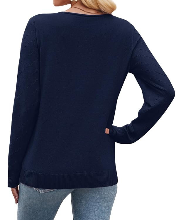 WIHOLL Sweaters for Women Trendy Fall Fashion 2026 Casual V Neck Long Sleeve Tops Crochet Knit Vacation Office School Outfits for Teachers Cute Winter Clothing Pullover Navy L by WIHOLL - Used condition - Image 9